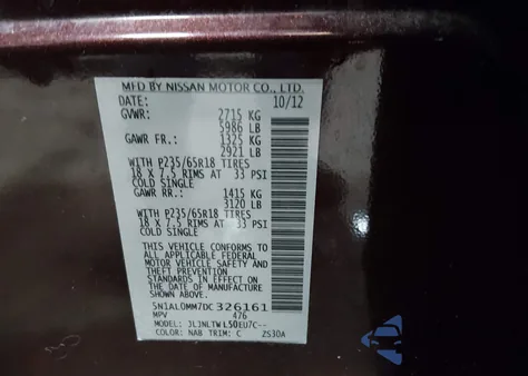 2013 Infiniti Jx35 z USA, uszkodzony, nr VIN 5N1AL0MM7DC326161